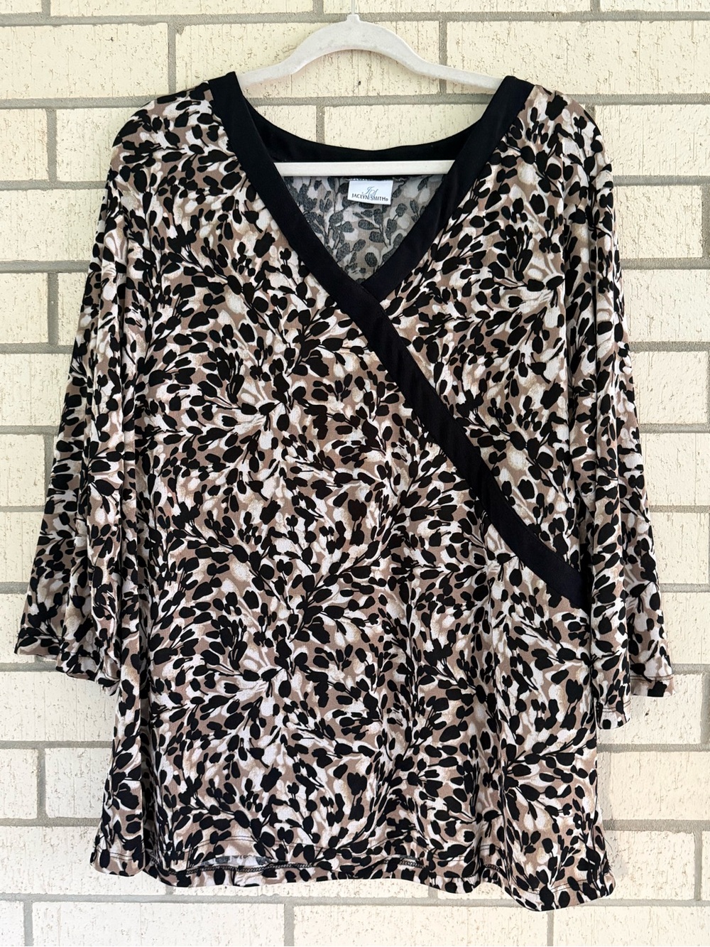 Jaclyn Smith Black and Taupe Floral Faux-Wrap Tunic